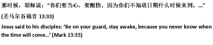 Text Box: 那时候，耶稣说：你们要当心，要醒悟，因为你们不知道日期什么时候来到。...(圣马尔谷福音 13:33)Jesus said to his disciples: Be on your guard, stay awake, because you never know when the time will come (Mark 13:33)
